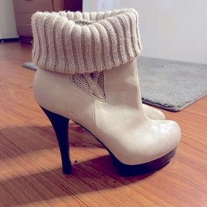 Jennifer Lopez high heel boot with wool top and beige leather